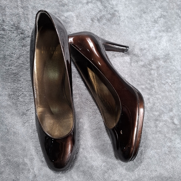 Stuart Weitzman Patent Leather Platform Choco Brown Heels Pumps Round Toe 9.5 - Picture 1 of 9